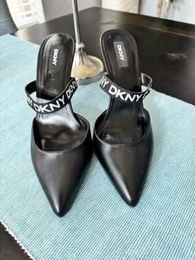DKNY Black Pointed Mule with Logo Elastic Strap